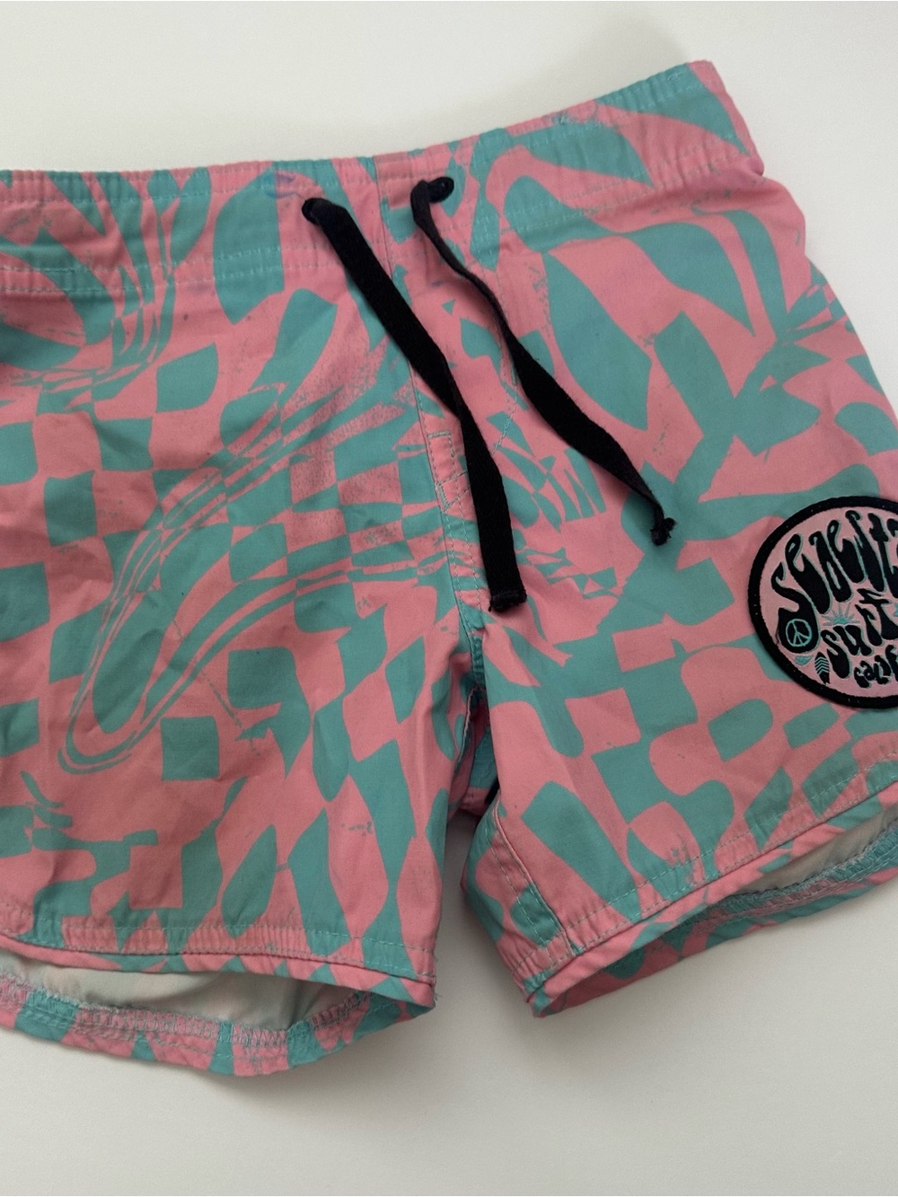 Kids Swim Trunks - Pink & Teal Patterned Swim Shorts